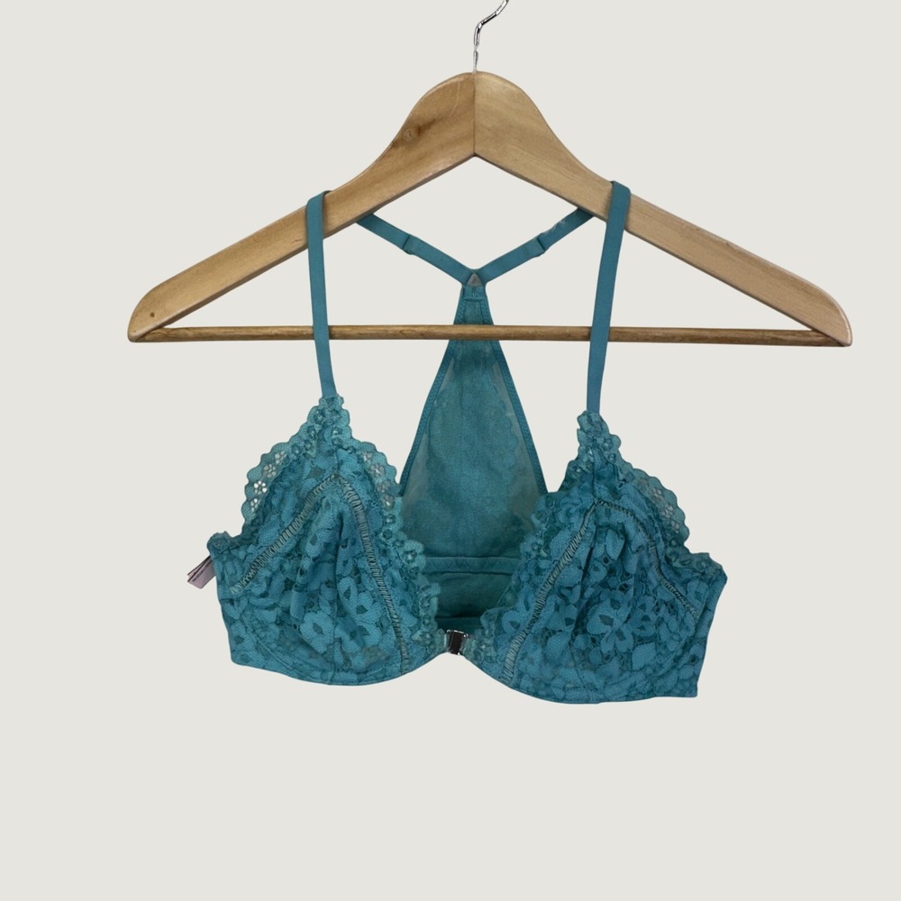 Victoria's Secret Lace Plunge Racerback‎ Bra 34D Teal Boho Coquette Romantic